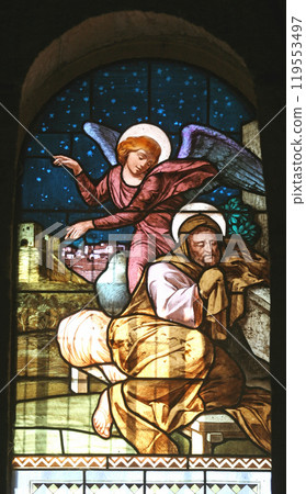 The Dream of Saint Joseph, stained glass window in the Church of Saint Joseph in Nazareth, Israel 119553497
