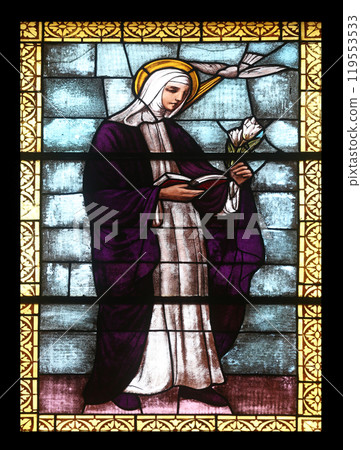 Stained glass window in the church of St. James the Greater in Porto Azzurro, Elba, Italy 119553533