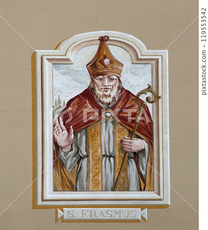 Saint Erasmus painting on the facade of the house in Rapallo, Italy Saint Erasmus painting on the facade of the house in Rapallo, Italy 119553542