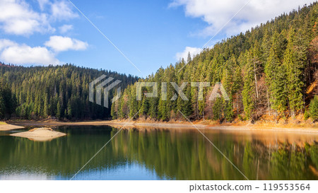 mountain lake among the forest at forenoon. beautiful landscape in autumn morning light. clouds on the blue sky 119553564
