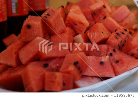 Juicy Watermelon Cubes Displayed in a Serving Bowl 119553675