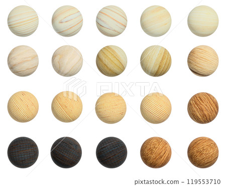 A set of wooden spheres with the grain of various wood species A set of wooden spheres with the grain of various wood species 119553710