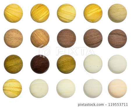 Assortment of colorful round spheres with different wood grains 119553711