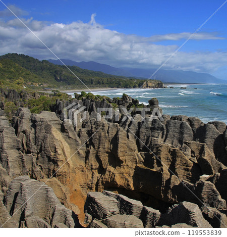 Blowhole in the Pankake Rocks in Punakaiki, New Zealand. Blowhole in the Pankake Rocks in Punakaiki, New Zealand. 119553839