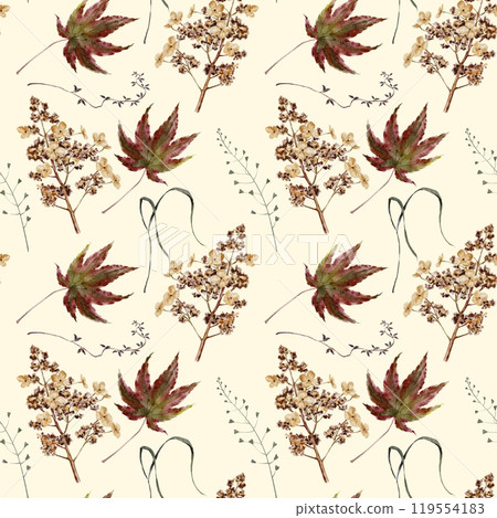 Autumn yellow, red and green leaves branch, dried flowers and grass seamless pattern on white. Fall watercolor illustration for Thanksgiving, Harvest Festival, Halloween party decoration. Autumn yellow, red and green leaves branch, dried flowers and grass seamless pattern on white. Fall watercolor illustration for Thanksgiving, Harvest Festival, Halloween party decoration. 119554183