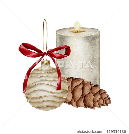 Christmas tree toy, ball with red bow and candle with cone Watercolor composition on white. Hand drawn illustration for New Year and winter holidays designs in realistic style. 119554186