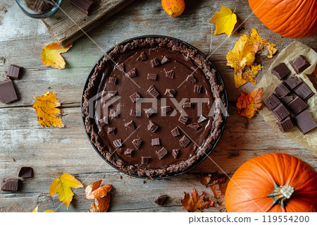 Delicious chocolate pumpkin pie on rustic table amid autumn leaves and pumpkins 119554200