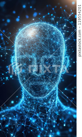 Digital Human Head Blue Wireframe Network AI Concept in Futuristic Style. 119554201