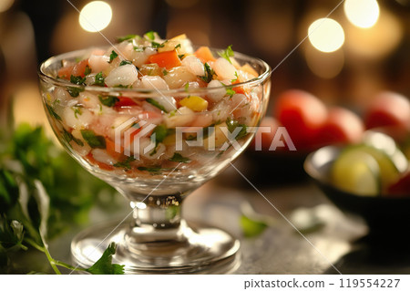 Fresh ceviche served in glass bowl with vibrant ingredients. 119554227