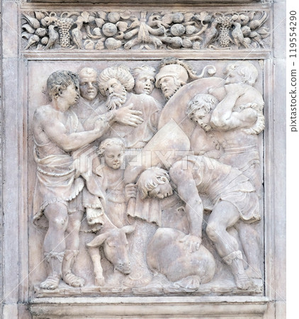 The finding of the cup in Benjamin's sack by Gerolamo da Treviso, right door of San Petronio Basilica in Bologna, Italy 119554290