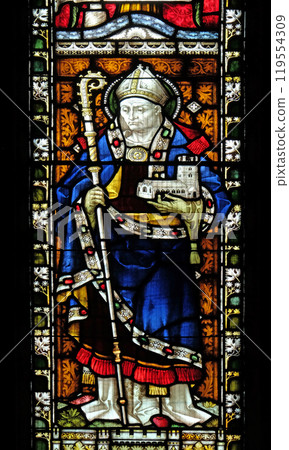 Saint Columbanus on the stained glass of All Saints' Anglican Church, Rome, Italy 119554309