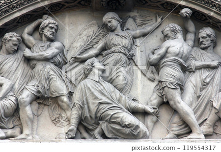 The Martyrdom of St. Stephen pediment of the front door of the Saint Etienne du Mont Church, Paris The Martyrdom of St. Stephen pediment of the front door of the Saint Etienne du Mont Church, Paris 119554317