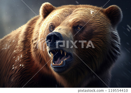 grinning brown bear against the background of falling snow on a starry night - Generative AI 119554410