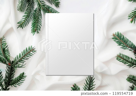 Book cover mockup on Christmas background with fir branches for holiday design and branding. Blank Template Book cover mockup on Christmas background with fir branches for holiday design and branding. Blank Template 119554719