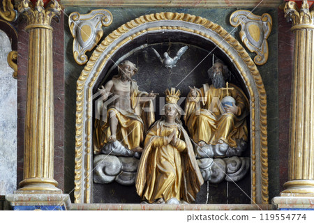 Coronation of the Virgin Mary statue on the high altar in the church of Our Lady of the Mountain in Lobor, Croatia 119554774