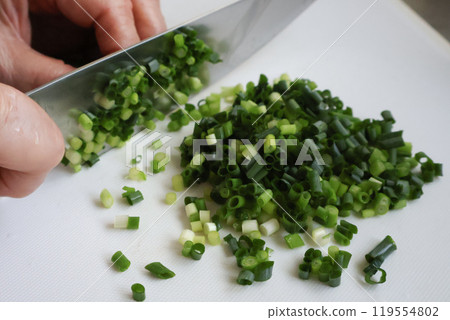 Senior woman's hands cutting green onions Senior woman's hands cutting green onions 119554802