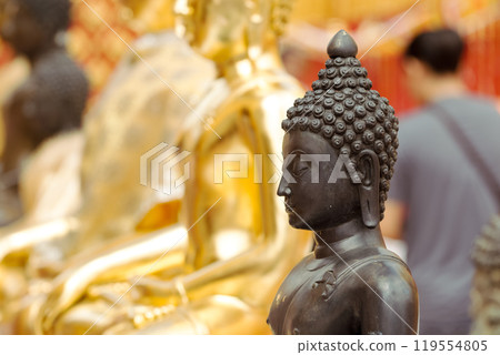 A black Buddha statue is prominently displayed, viewed from the side, amidst golden statues. A black Buddha statue is prominently displayed, viewed from the side, amidst golden statues. 119554805