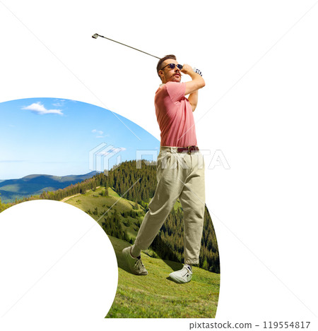 Contemporary art collage. Golfer swings into horizon, combining sport with breathtaking views in nature-inspired round of golf. 119554817