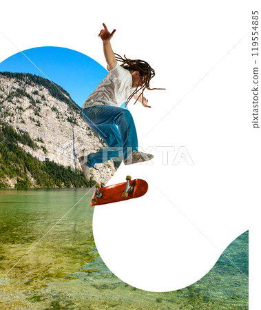 Contemporary art collage. Skateboarder mid-air, bringing urban vibes to pristine natural surroundings, mixing action and freedom. 119554885