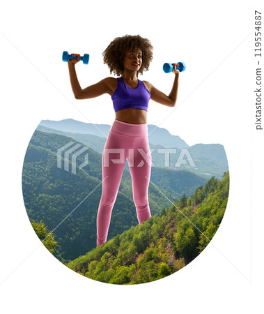 Contemporary art collage. Full-body workout. Woman lifts dumbbells surrounded forest, building strength while staying connected to outdoors. 119554887