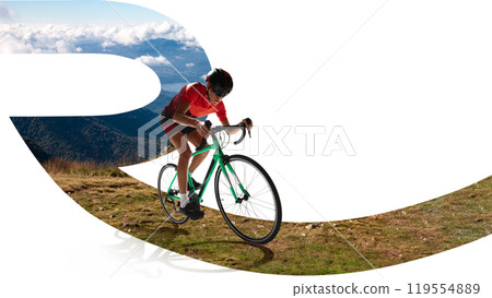 Contemporary art collage. Cyclist riding uphill through scenic mountains, pushing for ultimate workout. Healthy lifestyle meets adventure. Contemporary art collage. Cyclist riding uphill through scenic mountains, pushing for ultimate workout. Healthy lifestyle meets adventure. 119554889