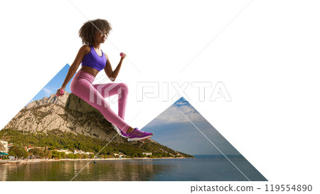 Contemporary art collage. Joyful woman exercising with dumbbells in striking beach-side landscape, embodying vitality during workout routine. 119554890