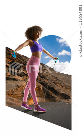 Contemporary art collage. Woman with curly hair uses resistance bands while working out in picturesque outdoor landscape. Outdoor fitness. 119554891