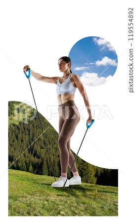 Contemporary art collage. Woman performs resistance band exercises against backdrop of green forest, promoting strength training and connection with nature. 119554892
