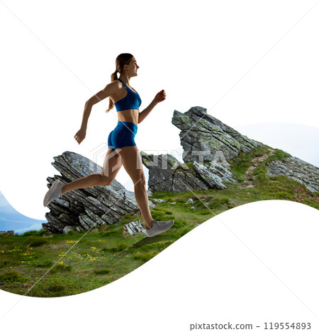Contemporary art collage. Runner, dressed in blue sports outfit, runs past rugged rocky landscape, blending fitness and raw beauty of nature. Contemporary art collage. Runner, dressed in blue sports outfit, runs past rugged rocky landscape, blending fitness and raw beauty of nature. 119554893