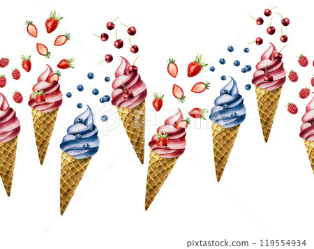Seamless border, banner with ice creams with flying berries in crispy waffle cone. Raspberry, cherry, strawberry, blueberry. Hand painting sweet watercolor illustration isolated on background. For 119554934