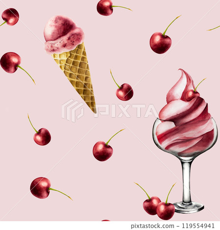 Seamless pattern with glass bowl with soft cherry ice cream, berries. Hand painting sweet watercolor illustration isolated on background. For designers, menu, shop, decoration, restaurant, for 119554941