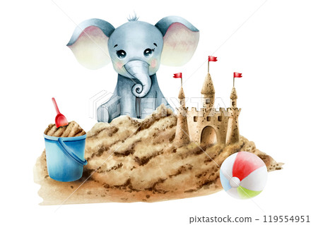 Beach sand hill, desert with castle with red flags on towers. Baby elephant playing. Blue bucket. Tricolor airy beach ball. Watercolor hand drawn illustration isolated on background. For designers Beach sand hill, desert with castle with red flags on towers. Baby elephant playing. Blue bucket. Tricolor airy beach ball. Watercolor hand drawn illustration isolated on background. For designers 119554951