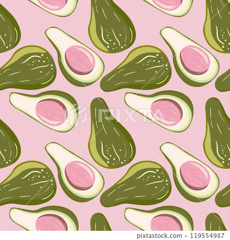 Cute avocado isolated on color background. Avocados with leaves and slice. Natural delicious fresh ripe tasty summer fruit. Vector illustration for packaging, card, other design. Food concept Cute avocado isolated on color background. Avocados with leaves and slice. Natural delicious fresh ripe tasty summer fruit. Vector illustration for packaging, card, other design. Food concept 119554987