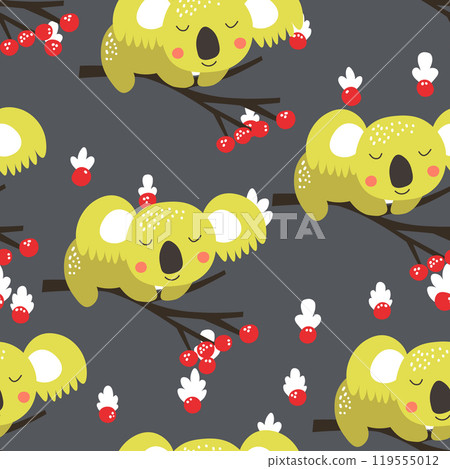 Seamless pattern with cute koala baby on color background. Funny australian animals. Card, postcards for kids. Flat vector illustration for fabric, textile, wallpaper, poster, paper 119555012