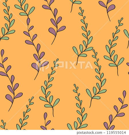 Spring seamless color pattern with sprigs. Vector stock illustration for fabric, textile, wallpaper, posters, paper. Fashion print. Branch with leaves. Doodle style 119555014