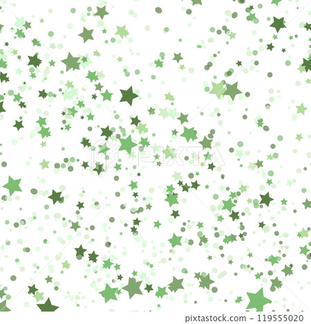 Stars green glitter confetti isolated on blurred abstract white background. Festive holiday background. Celebration concept. Falling magic gold particles. Invitation mock up. Top view, flat lay 119555020