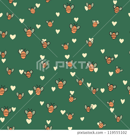 Seamless pattern with bees on color background. Small wasp. Vector illustration. Adorable cartoon character. Template design for invitation, cards, textile, fabric. Doodle style 119555102