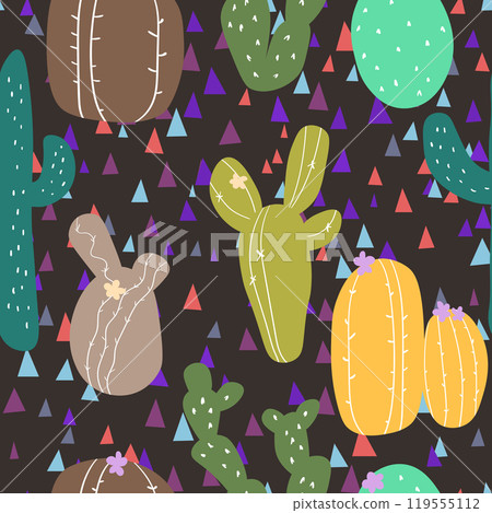 Seamless pattern with cactus with thorns, succulent on color background. Vector drawing illustration for icon, game, packaging, fabric, textile. Wild west, western, cowboy concept Seamless pattern with cactus with thorns, succulent on color background. Vector drawing illustration for icon, game, packaging, fabric, textile. Wild west, western, cowboy concept 119555112