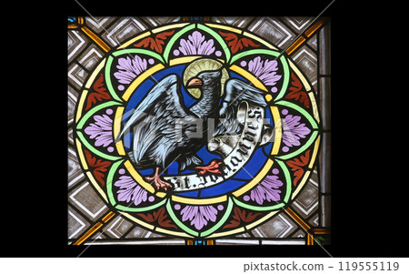 Symbols of the Saint John the Evangelist, stained glass window in the parish church of St. Peter and Paul in Oberstaufen, Germany Symbols of the Saint John the Evangelist, stained glass window in the parish church of St. Peter and Paul in Oberstaufen, Germany 119555119