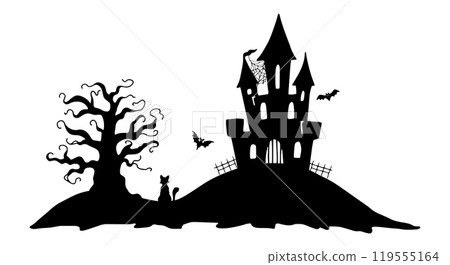 Halloween silhouette composition. Black and white illustration. Hand drawn graphic art. Castle on a hill with cobweb, tree and cat for creepy, ominous holiday decor. Dark gothic scene. Doodle style. Halloween silhouette composition. Black and white illustration. Hand drawn graphic art. Castle on a hill with cobweb, tree and cat for creepy, ominous holiday decor. Dark gothic scene. Doodle style. 119555164