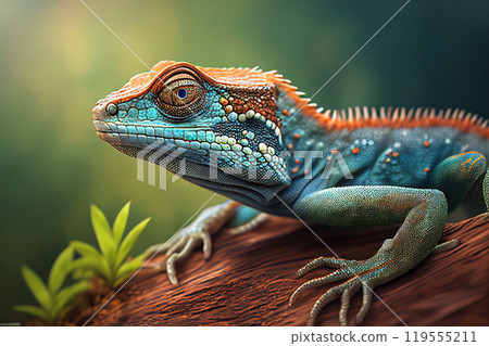 Iguana sunbathing on a branch, climbing a tree, close-up lizard - Generative AI 119555211