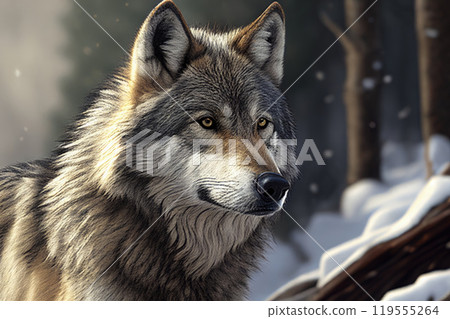 gray wolf on the background of the winter forest - Generative AI 119555264