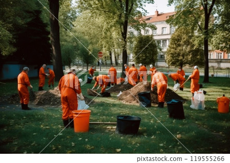 People Collecting Garbage on the Street and in the Park - Generative AI 119555266