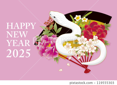 2025蛇年蛇上扇新年快樂新年賀卡素材粉紅背景白蛇 119555303