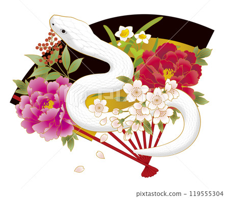 Year of the Snake, Snake on a fan, New Year's card material, White snake 119555304
