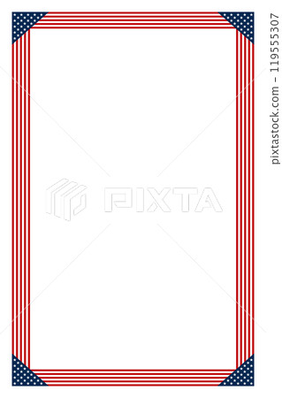 American flag style vertical rectangular border with alternating red and white stripes with blue star-studded corners. Blank central area providing space for text or other content. Isolated. Vector. American flag style vertical rectangular border with alternating red and white stripes with blue star-studded corners. Blank central area providing space for text or other content. Isolated. Vector. 119555307