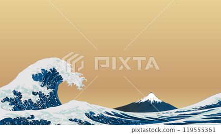 Hokusai's Ukiyo-e style background illustration template material Vector 16:9 Retro modern Japanese style Wave Mt. Fuji 119555361