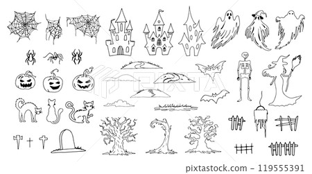 Set of different Halloween shapes. Black and white shapes illustration. Hand drawn graphic silhouette clip art. Line sketch of ghosts with castle and skeleton for spooky decor. Simple Doodle style 119555391