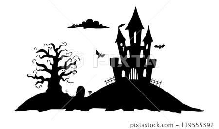 Halloween silhouette composition. Black and white illustration. Hand drawn graphic art. Castle on a hill with tree and tombstone, bats for creepy holiday decor. Dark gothic scene. Doodle style 119555392
