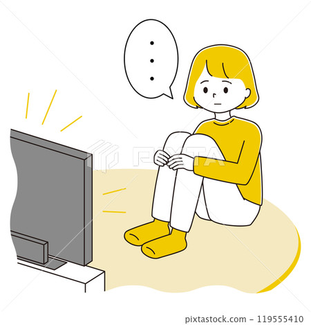 Illustration of a woman sitting cross-legged and watching TV 119555410